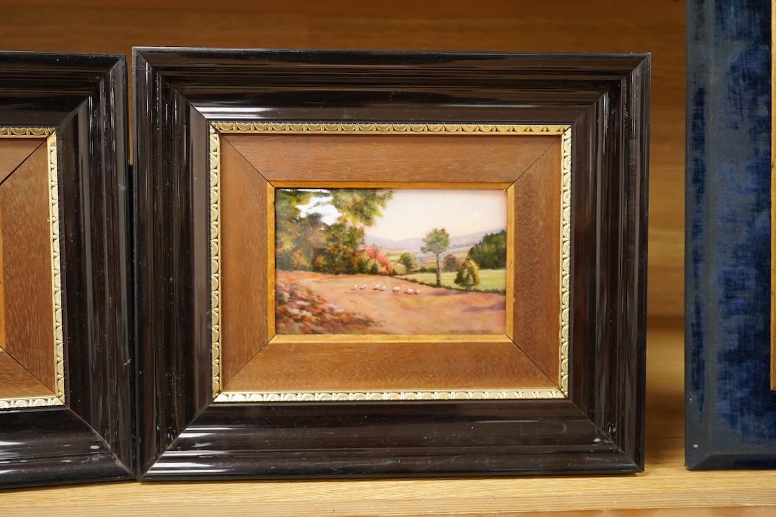 Camille Fauré (1874-1956), A pair of landscape scenes, signed lower right, enamels, framed, 13cm x 8.5cm